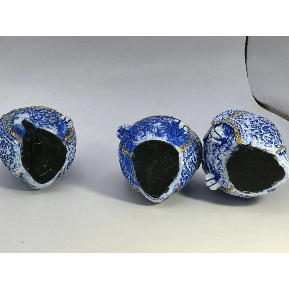 See No Evil Hear No Evil Speak No Evil Blue/white Resin Owls Gold Accents